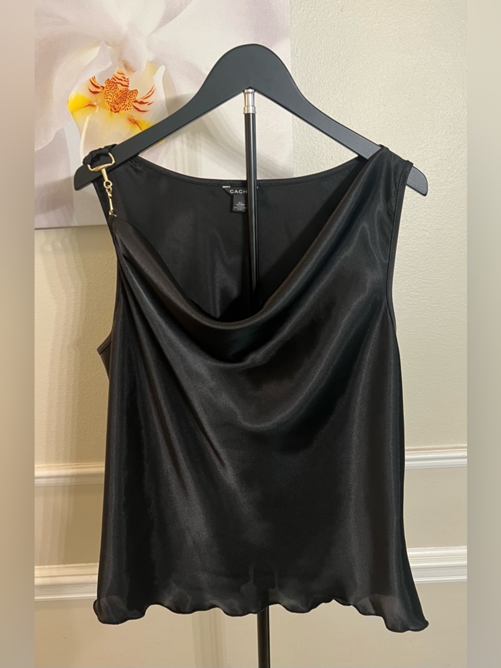 Cache Black Satin Cowl Neck Tank Top with Gold Hardware! Size XL.